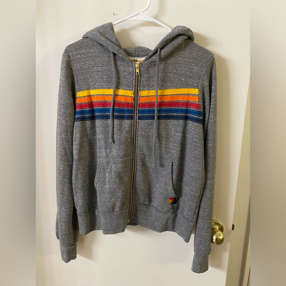 Aviator Nation 5 stripe hoodie- heather grey -XS